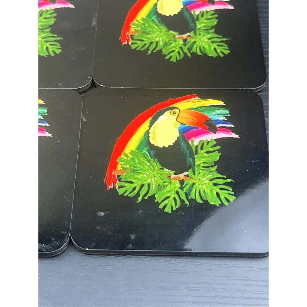 Toucan Coasters Set of 4 Black Rainbow Tropical‎ Bird Drink Coasters